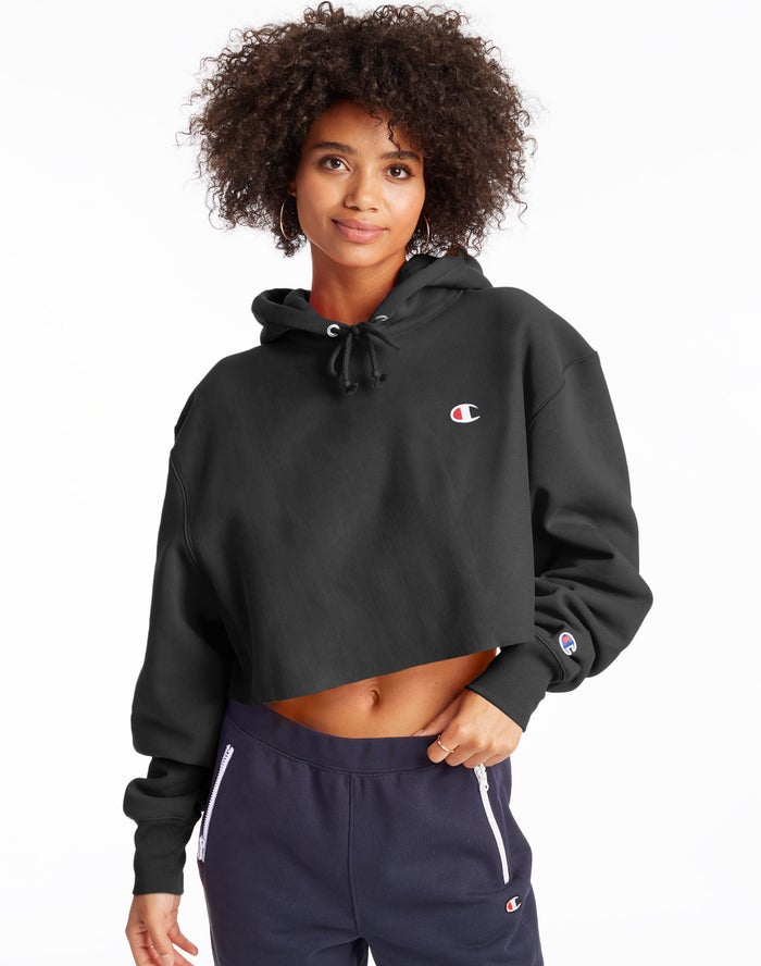 Champion Hoodie Dames - Zwart - Reverse Weave Cropped Cut-Off C Logo ( 794126-JDZ )